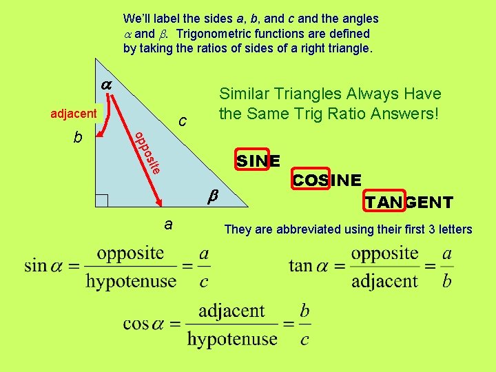 We’ll label the sides a, b, and c and the angles and . Trigonometric