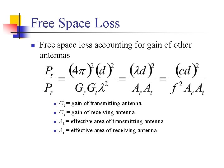 Free Space Loss n Free space loss accounting for gain of other antennas n