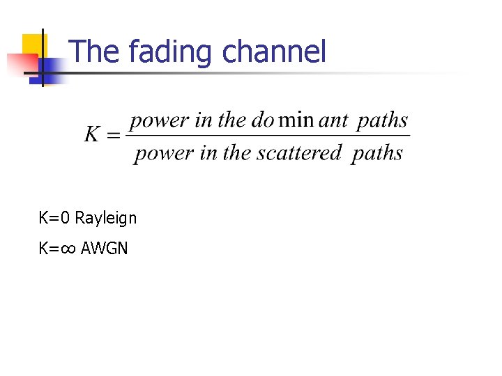 The fading channel K=0 Rayleign K=∞ AWGN 