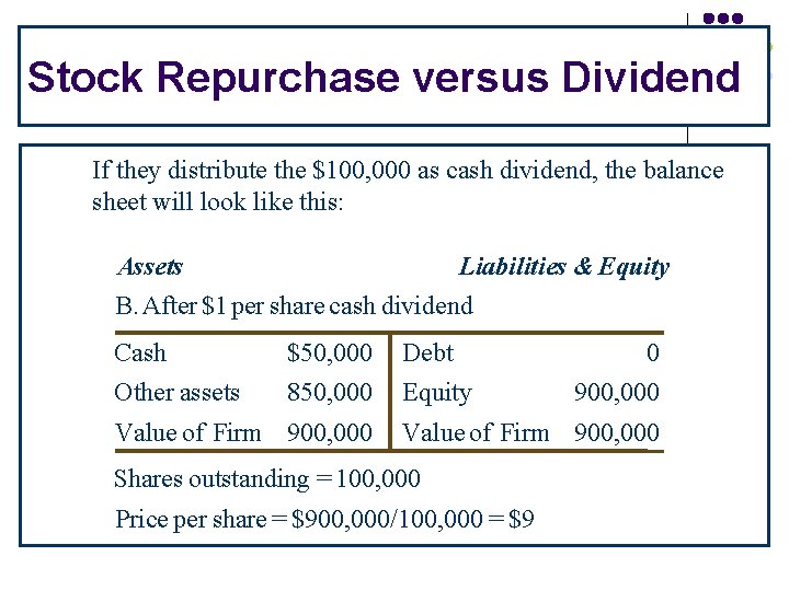 Stock Repurchase versus Dividend If they distribute the $100, 000 as cash dividend, the