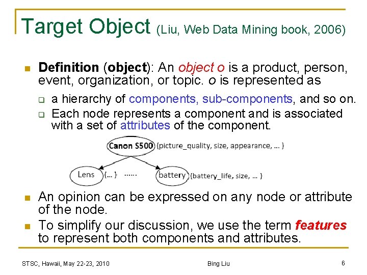 Target Object (Liu, Web Data Mining book, 2006) n Definition (object): An object o