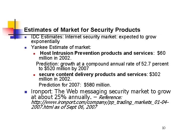 Estimates of Market for Security Products n n n IDC Estimates: Internet security market: