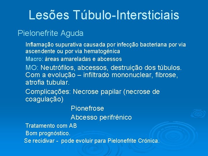 Lesões Túbulo-Intersticiais Pielonefrite Aguda Inflamação supurativa causada por infecção bacteriana por via ascendente ou Lesões Túbulo-Intersticiais Pielonefrite Aguda Inflamação supurativa causada por infecção bacteriana por via ascendente ou
