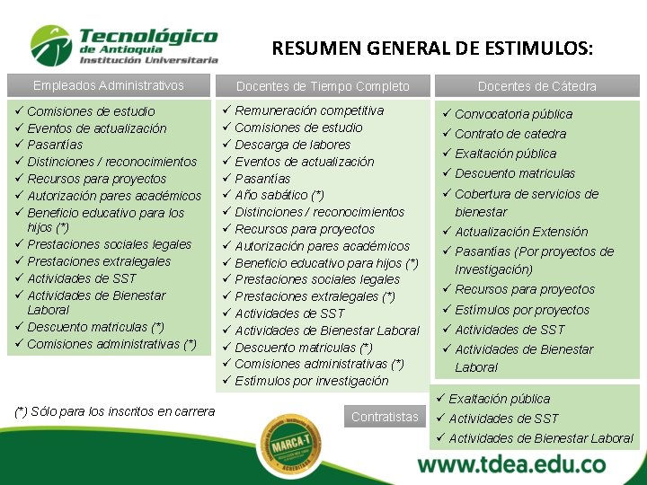 RESUMEN GENERAL DE ESTIMULOS: Empleados Administrativos ü Comisiones de estudio ü Eventos de actualización