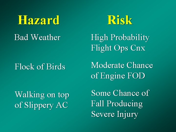 Hazard Risk Bad Weather High Probability Flight Ops Cnx Flock of Birds Moderate Chance