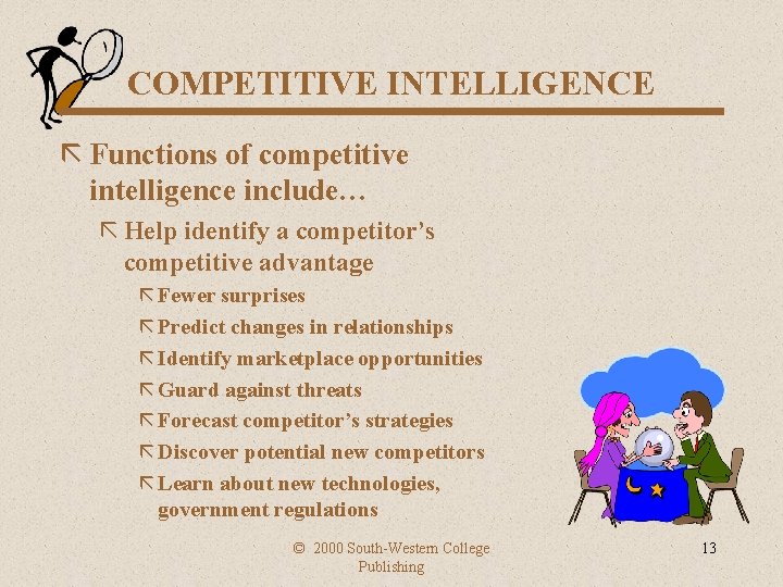COMPETITIVE INTELLIGENCE ã Functions of competitive intelligence include… ã Help identify a competitor’s competitive
