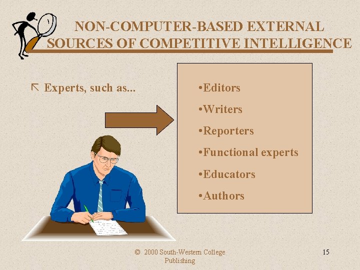 NON-COMPUTER-BASED EXTERNAL SOURCES OF COMPETITIVE INTELLIGENCE ã Experts, such as. . . • Editors