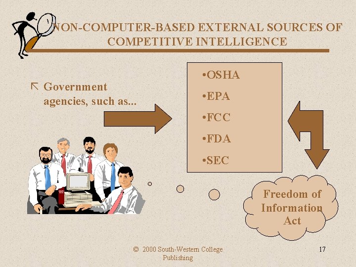 NON-COMPUTER-BASED EXTERNAL SOURCES OF COMPETITIVE INTELLIGENCE ã Government agencies, such as. . . •