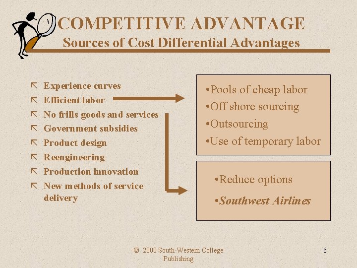COMPETITIVE ADVANTAGE Sources of Cost Differential Advantages ã ã ã ã Experience curves Efficient