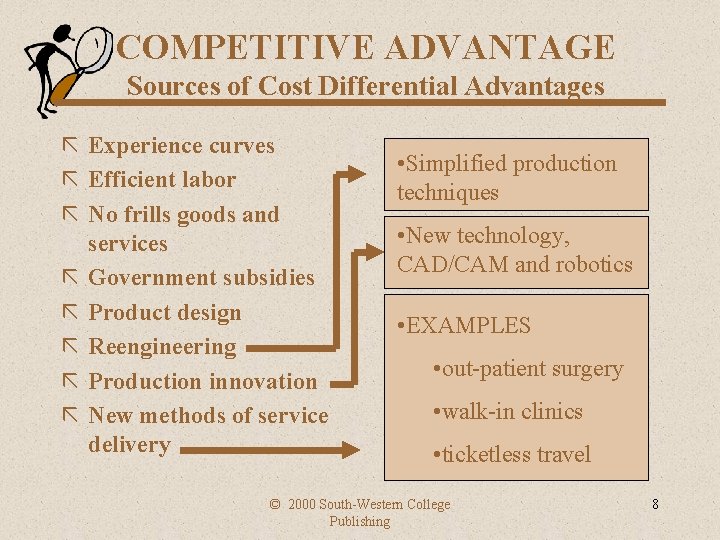 COMPETITIVE ADVANTAGE Sources of Cost Differential Advantages ã Experience curves ã Efficient labor ã