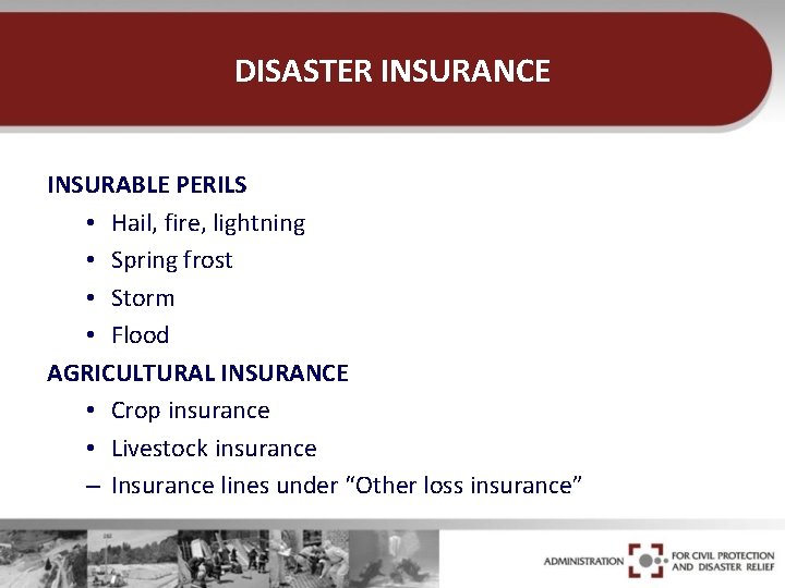 DISASTER INSURANCE INSURABLE PERILS • Hail, fire, lightning • Spring frost • Storm •