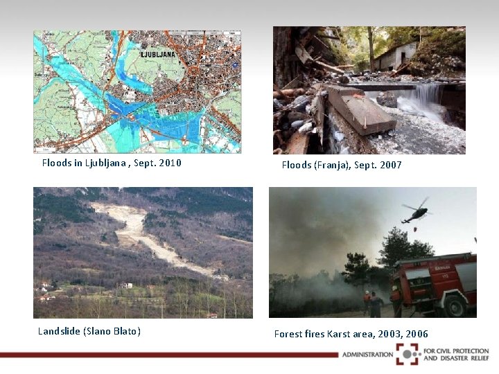 Floods in Ljubljana , Sept. 2010 Landslide (Slano Blato) Floods (Franja), Sept. 2007 Forest