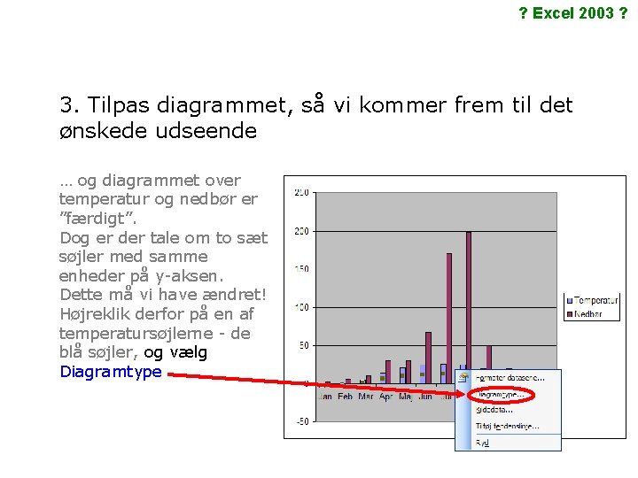 ? Excel 2003 ? 3. Tilpas diagrammet, så vi kommer frem til det ønskede