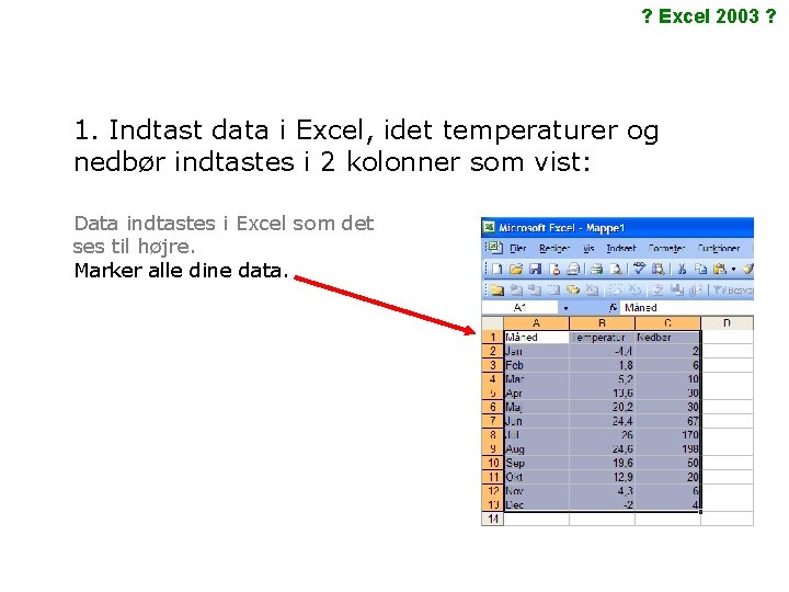 ? Excel 2003 ? 1. Indtast data i Excel, idet temperaturer og nedbør indtastes