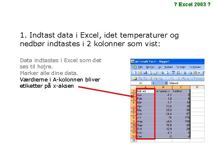 ? Excel 2003 ? 1. Indtast data i Excel, idet temperaturer og nedbør indtastes