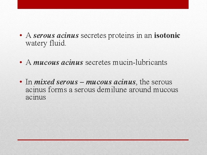  • A serous acinus secretes proteins in an isotonic watery fluid. • A