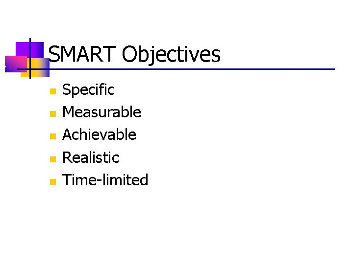 SMART Objectives n n n Specific Measurable Achievable Realistic Time-limited 