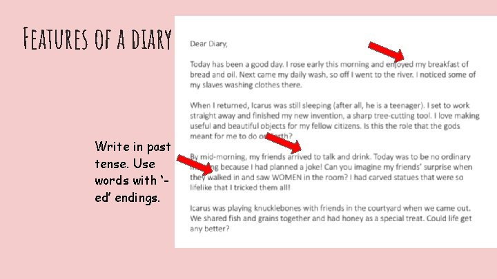 Features of a diary Write in past tense. Use words with ‘ed’ endings. 