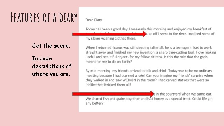 Features of a diary Set the scene. Include descriptions of where you are. 