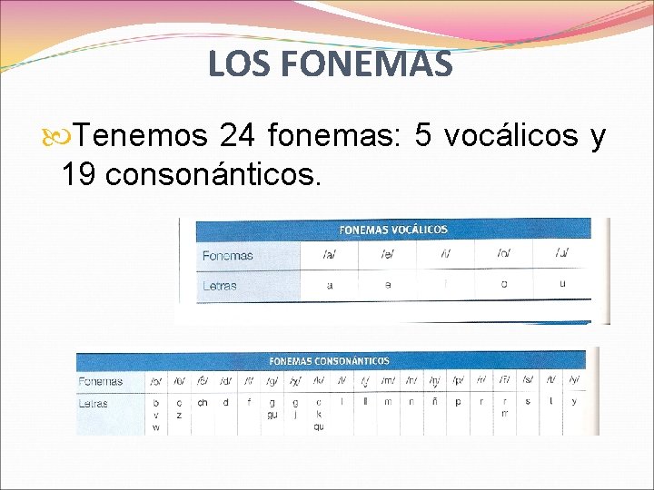 LOS FONEMAS Tenemos 24 fonemas: 5 vocálicos y 19 consonánticos. 