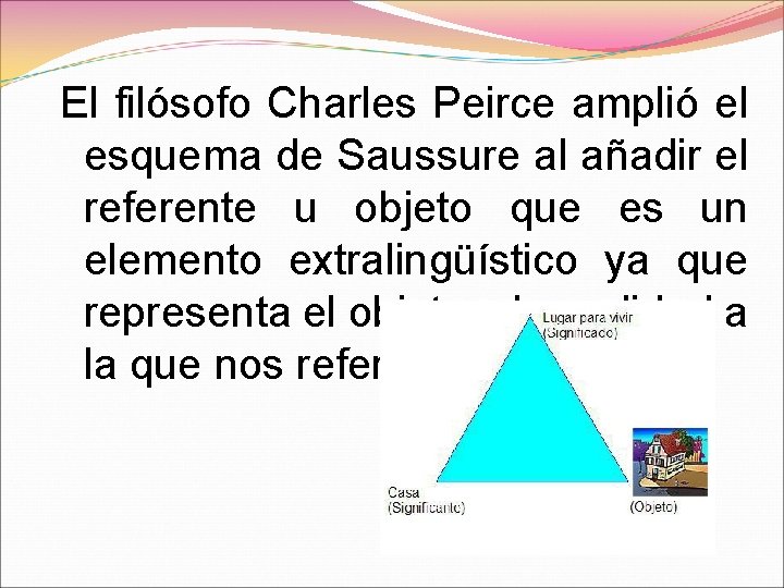 El filósofo Charles Peirce amplió el esquema de Saussure al añadir el referente u