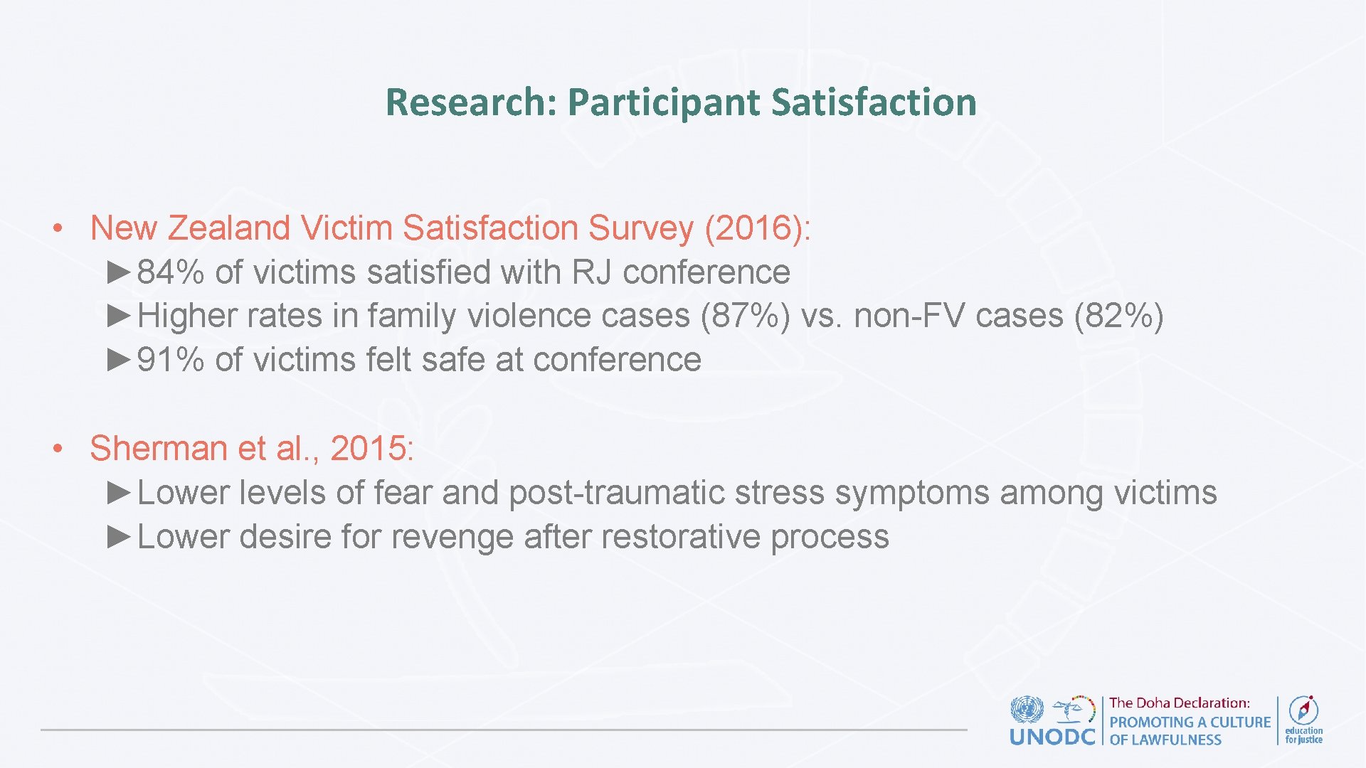Research: Participant Satisfaction • New Zealand Victim Satisfaction Survey (2016): ► 84% of victims