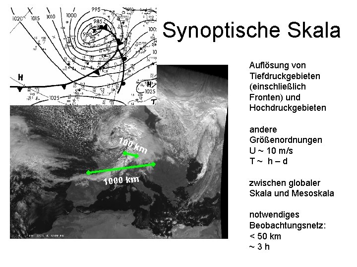 Synoptische Skala Auflösung von Tiefdruckgebieten (einschließlich Fronten) und Hochdruckgebieten 100 km 1000 km andere