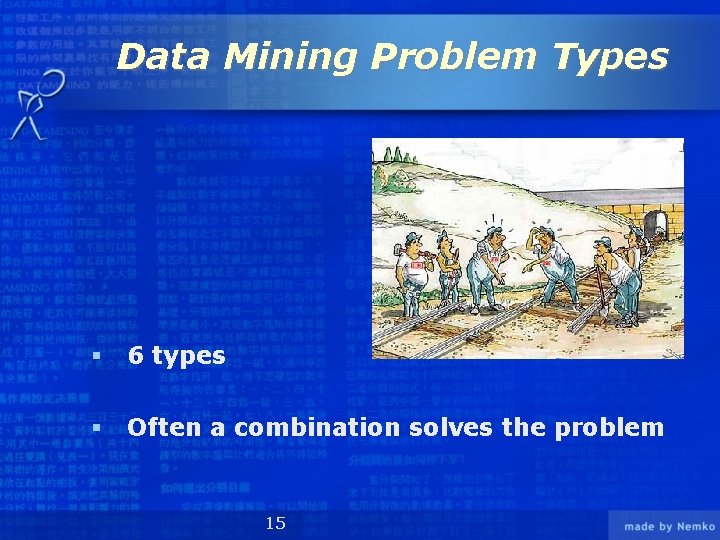 Data Mining Problem Types § 6 types § Often a combination solves the problem