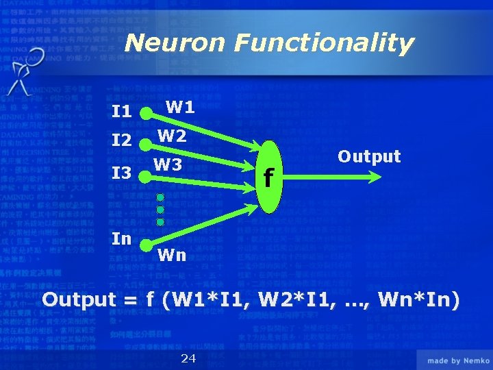 Neuron Functionality I 1 W 1 I 2 W 2 I 3 W 3