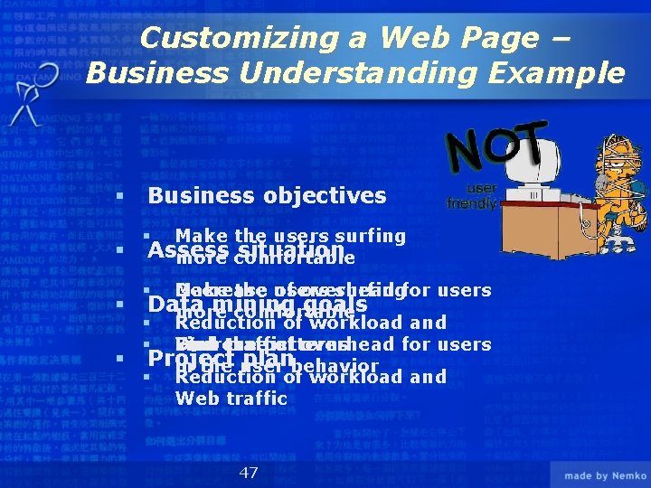 Customizing a Web Page – Business Understanding Example § § Business objectives Make the