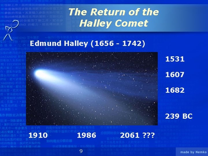 The Return of the Halley Comet Edmund Halley (1656 - 1742) 1531 1607 1682