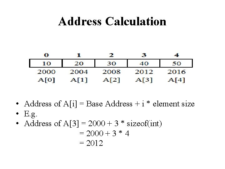 Address Calculation • Address of A[i] = Base Address + i * element size