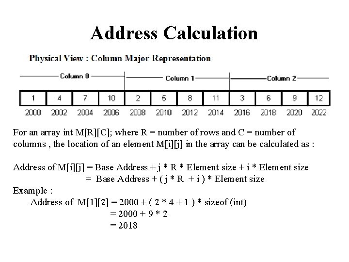 Address Calculation For an array int M[R][C]; where R = number of rows and