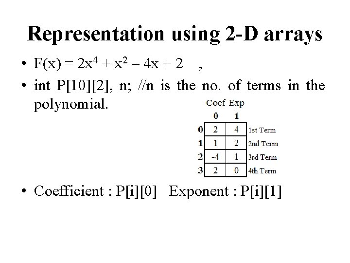 Representation using 2 -D arrays • F(x) = 2 x 4 + x 2
