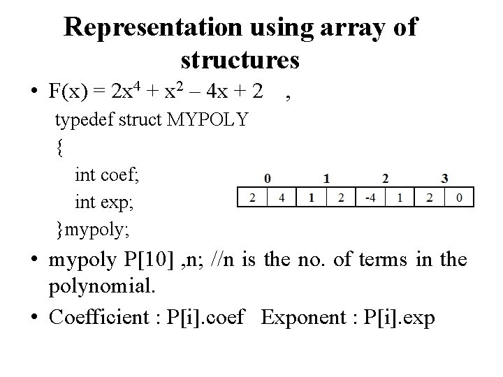 Representation using array of structures • F(x) = 2 x 4 + x 2