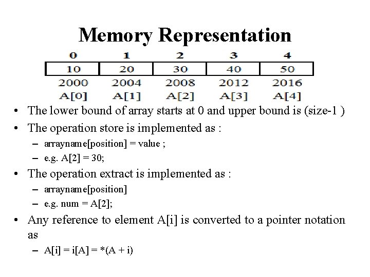 Memory Representation • The lower bound of array starts at 0 and upper bound