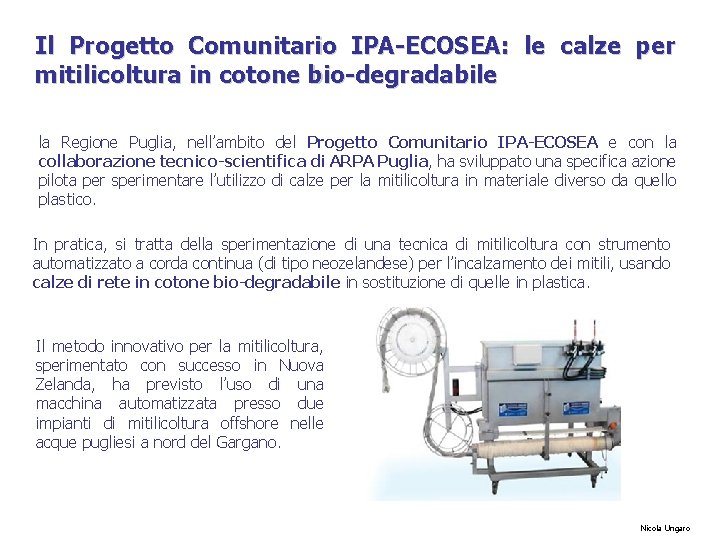 Il Progetto Comunitario IPA-ECOSEA: le calze per mitilicoltura in cotone bio-degradabile la Regione Puglia,