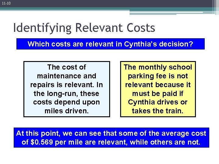 11 -10 Identifying Relevant Costs Which costs are relevant in Cynthia’s decision? The cost
