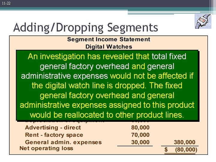 11 -22 Adding/Dropping Segments An investigation has revealed that total fixed general factory overhead