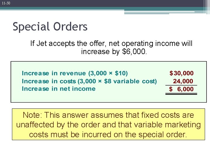 11 -50 Special Orders If Jet accepts the offer, net operating income will increase