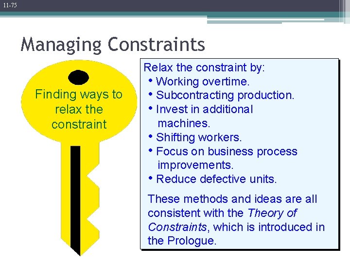 11 -75 Managing Constraints Finding ways to relax the constraint Relax the constraint by: