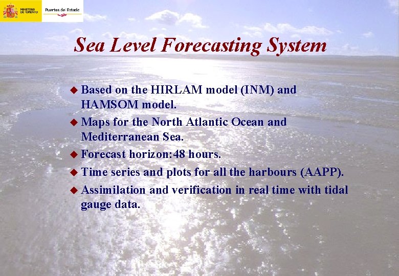 Sea Level Forecasting System u Based on the HIRLAM model (INM) and HAMSOM model.