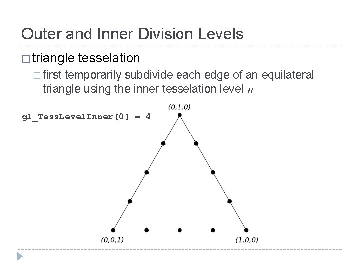 Outer and Inner Division Levels � triangle tesselation � first temporarily subdivide each edge