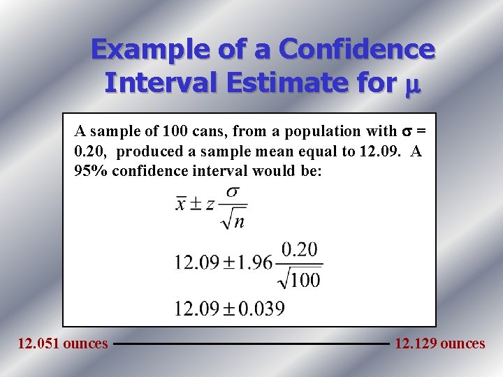 Example of a Confidence Interval Estimate for A sample of 100 cans, from a