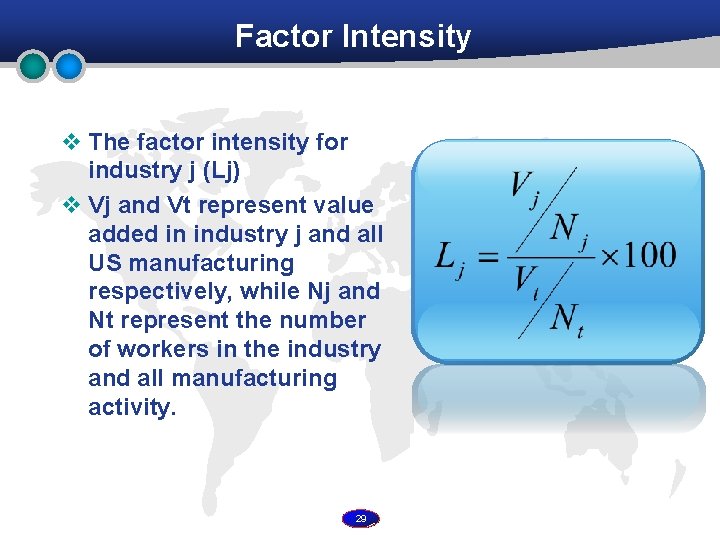 Factor Intensity v The factor intensity for industry j (Lj) v Vj and Vt