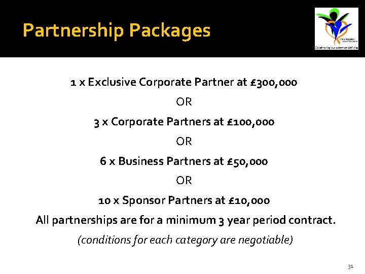 Partnership Packages 1 x Exclusive Corporate Partner at £ 300, 000 OR 3 x