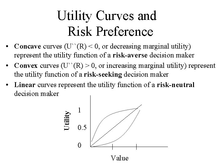Utility Curves and Risk Preference Utility • Concave curves (U``(R) < 0, or decreasing