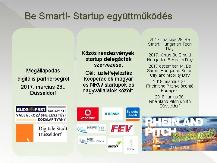 Be Smart!- Startup együttműködés Megállapodás digitális partnerségről 2017. március 28. , Düsseldorf Közös rendezvények,