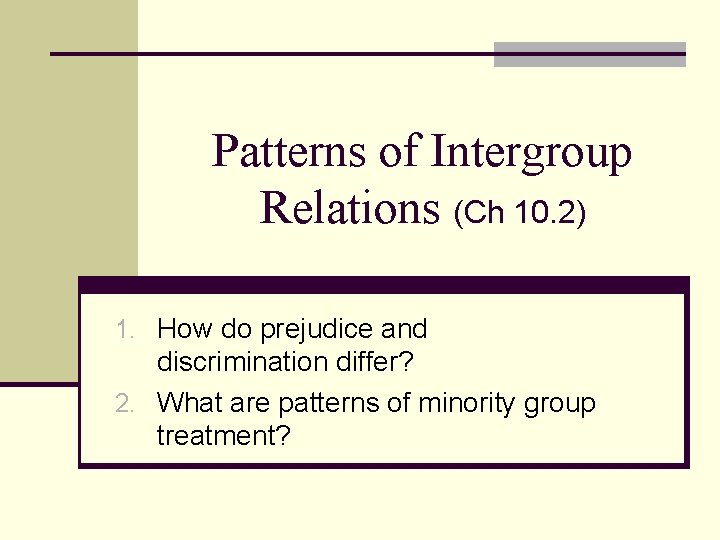 Patterns of Intergroup Relations (Ch 10. 2) 1. How do prejudice and discrimination differ?