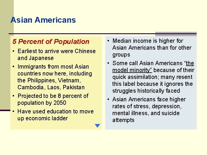 Asian Americans 5 Percent of Population • Earliest to arrive were Chinese and Japanese